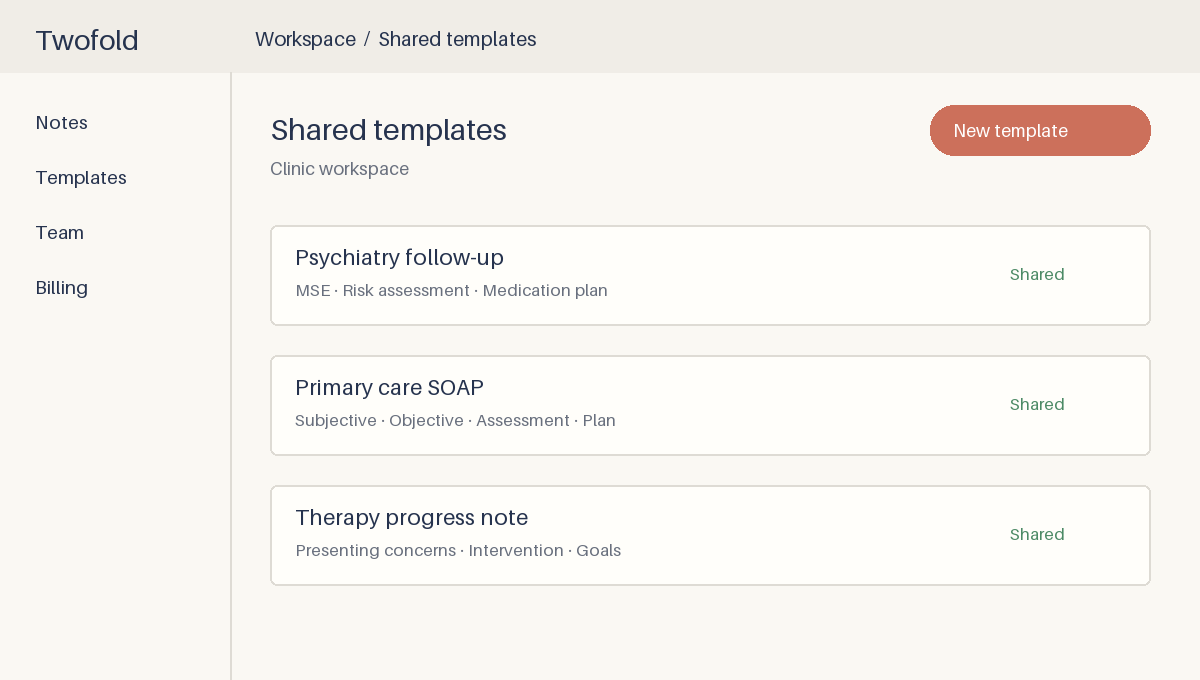 Illustrative Twofold workspace showing shared psychiatry, primary care and therapy templates